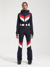 Women's Gsou Snow Retro Belted V Striped Flare One Piece Ski Suit