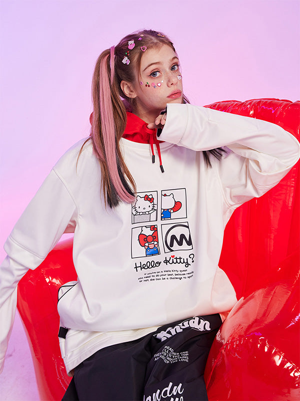 Nandn x Hello Kitty Fake 2 Piece Women Snowboard Hoodie, White L, Waterproof, Ski & Snowboard, Winter, Oversize