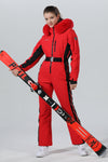 Womens Winter Chic Fur Hood One Piece Ski Jumpsuit Overall Ski Suit