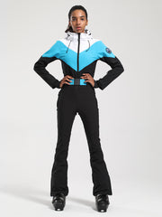 Women's Gsou Snow Retro Belted Color-Blocked Flare One Piece Ski Suit